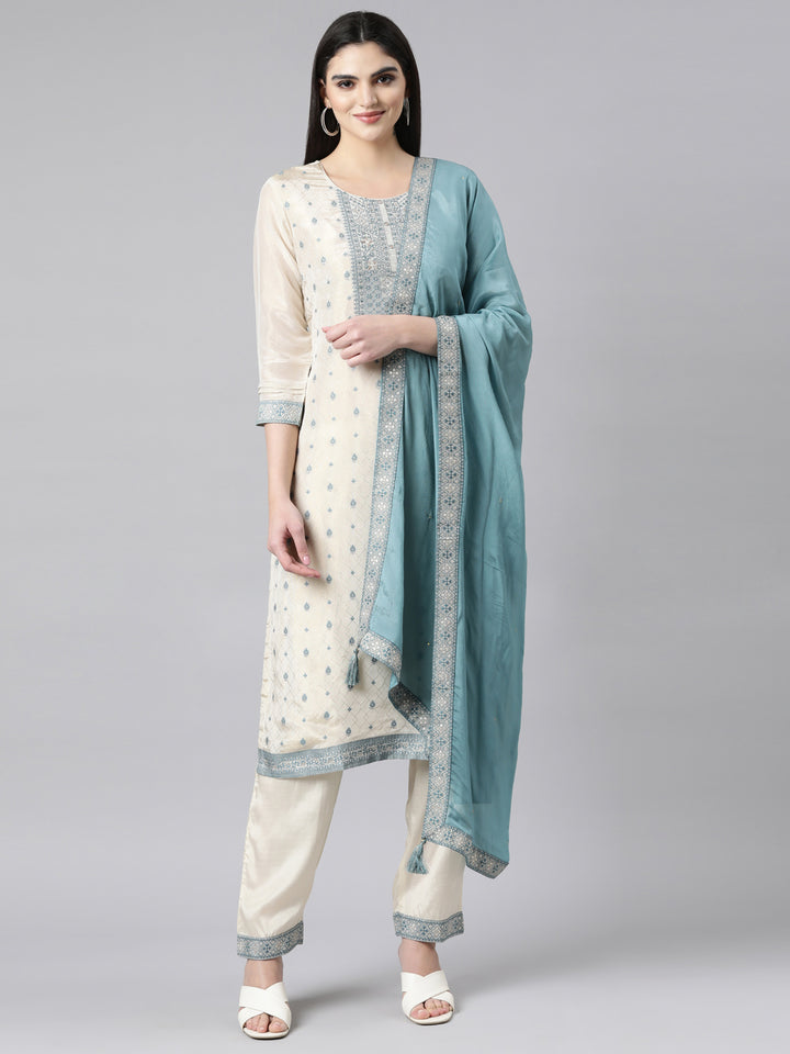 Neerus White Banarasi woven suit set - front view