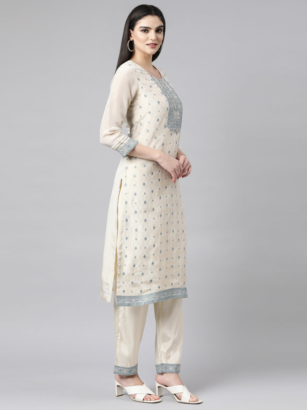 Neerus White Banarasi woven suit set - back view