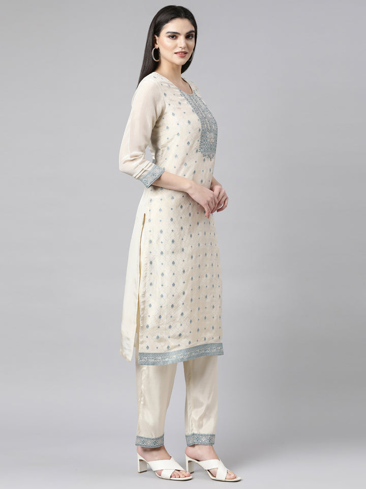 Neerus White Banarasi woven suit set - back view