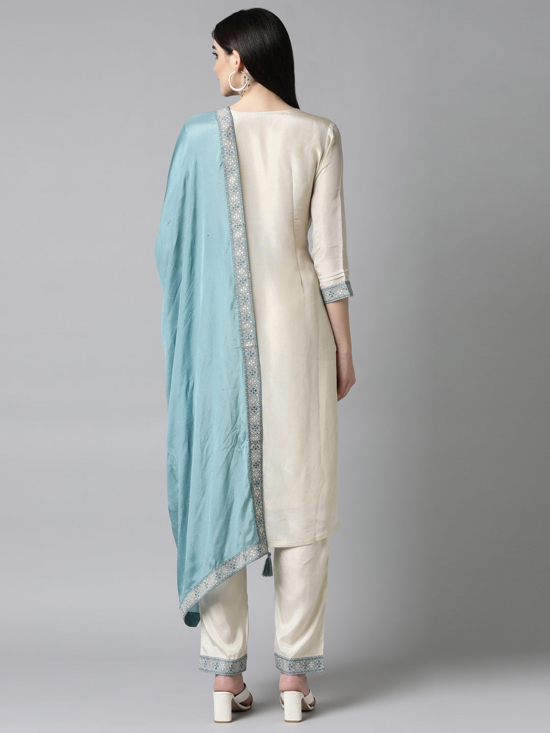 Neerus White Banarasi woven suit set - side view