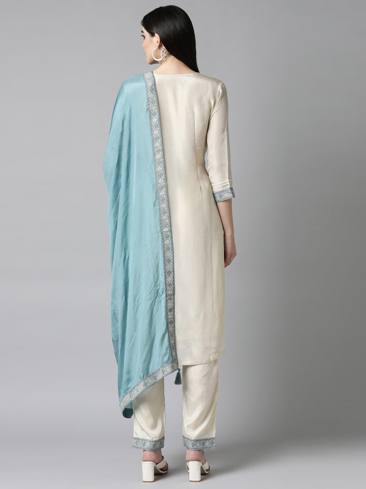 Neerus White Banarasi woven suit set - side view