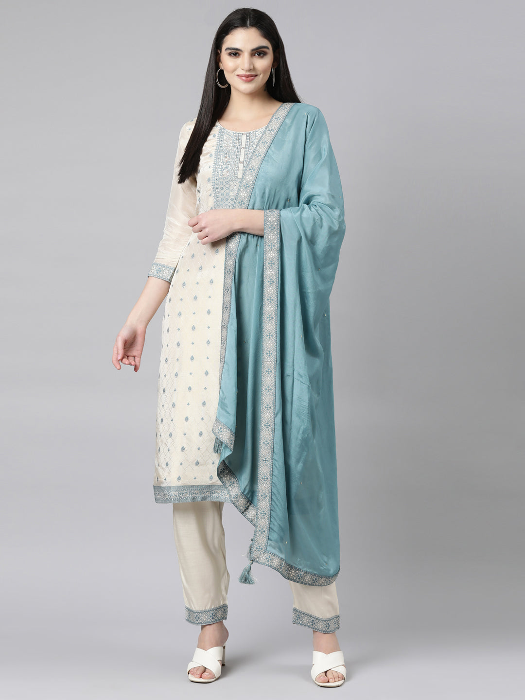 Neerus White Banarasi woven suit set - detail view 2