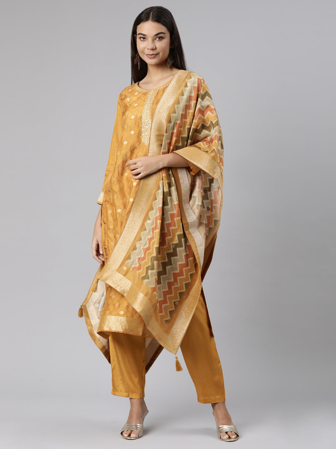 Neerus Gold floral printed straight suit set - front view