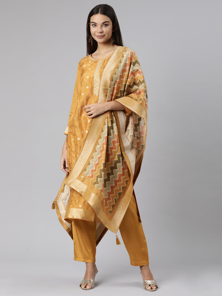 Neerus Gold floral printed straight suit set - front view