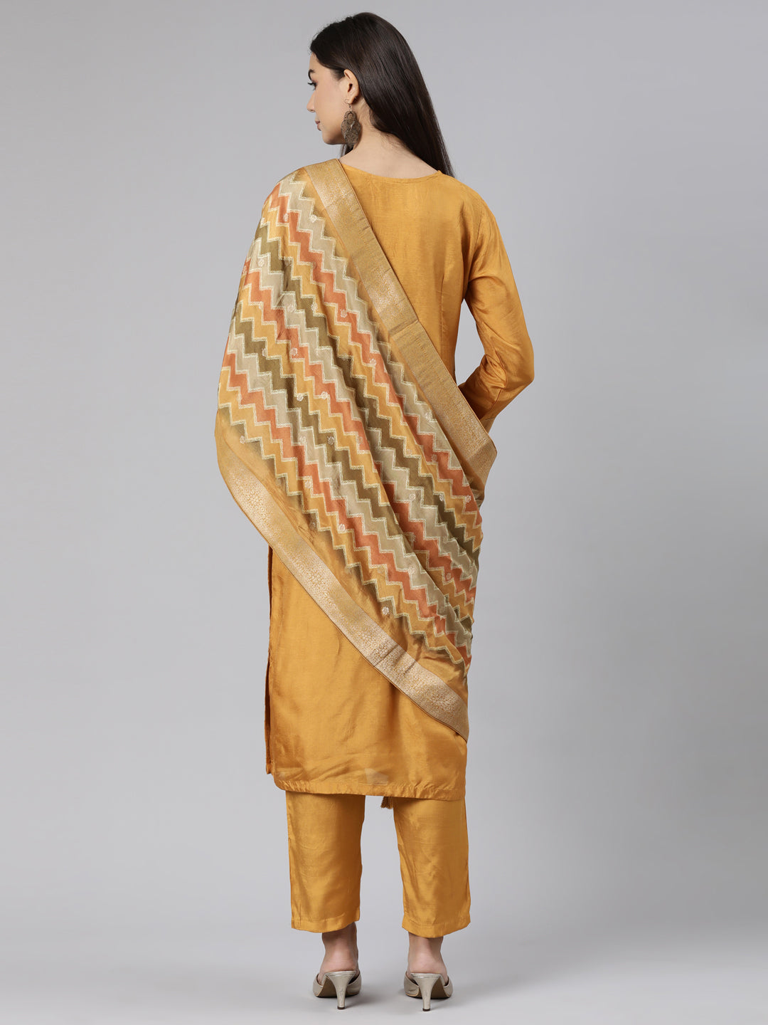 Neeru's Gold Regular Straight Floral Kurta And Trousers With Dupatta