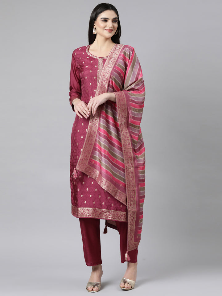 Neerus Purple Banarasi woven suit set - front view