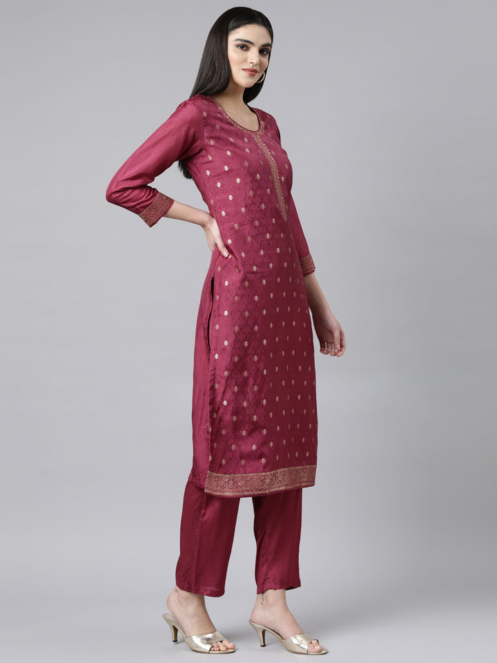 Neerus Purple Banarasi woven suit set - back view