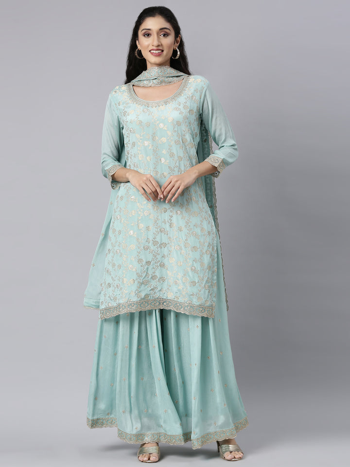 Neerus Blue Chinon Panelled Straight Suit Set - front view