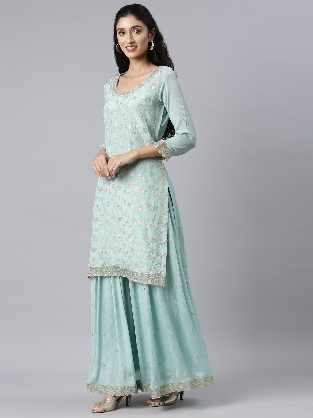 Neerus Blue Chinon Panelled Straight Suit Set - back view