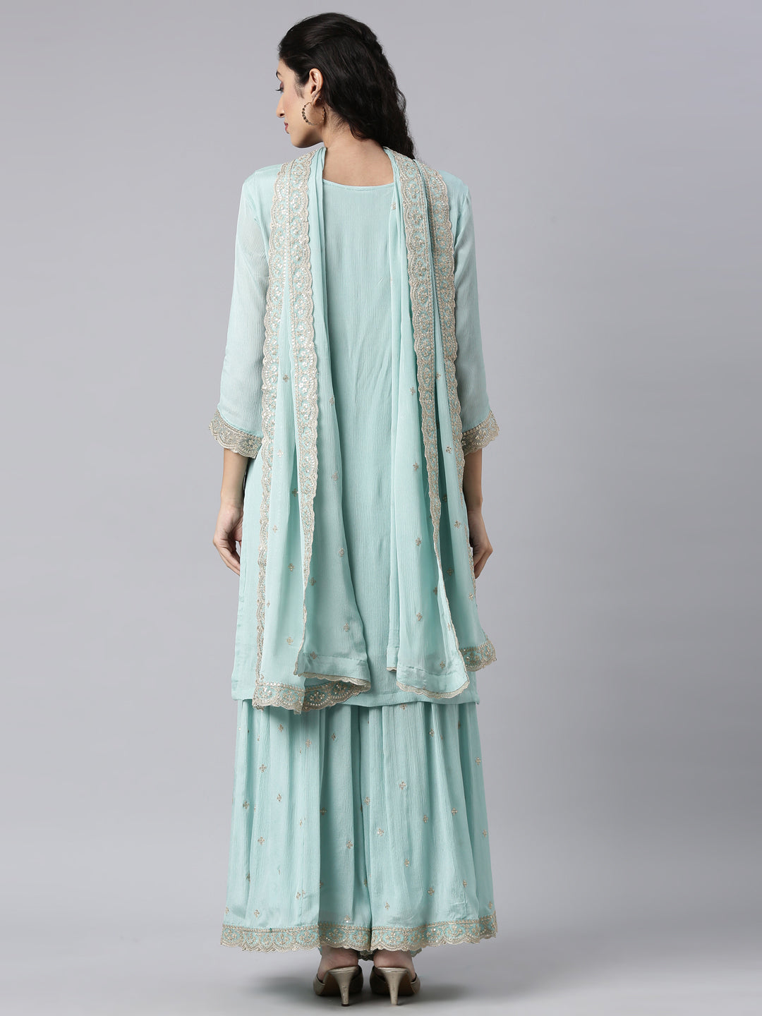 Neerus Blue Chinon Panelled Straight Suit Set - side view