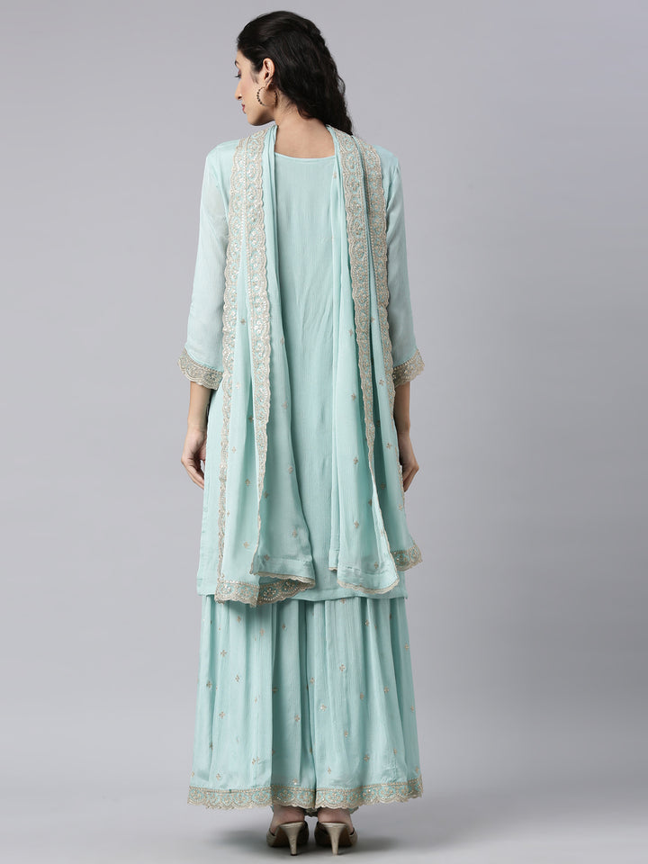 Neerus Blue Chinon Panelled Straight Suit Set - side view