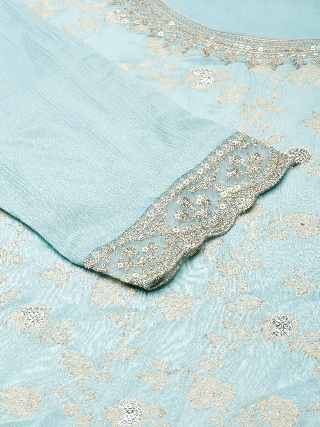 Neerus Blue Chinon Panelled Straight Suit Set - detail view 1