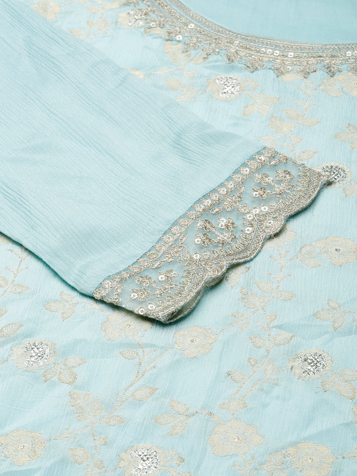 Neerus Blue Chinon Panelled Straight Suit Set - detail view 1