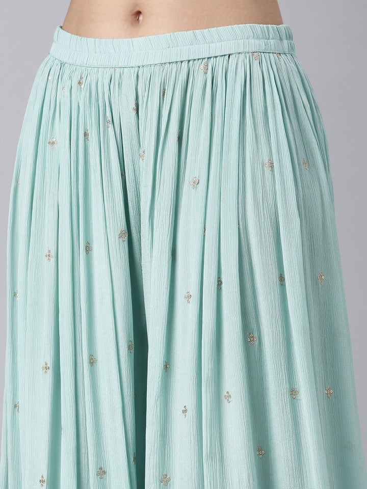Neerus Blue Chinon Panelled Straight Suit Set - detail view 3