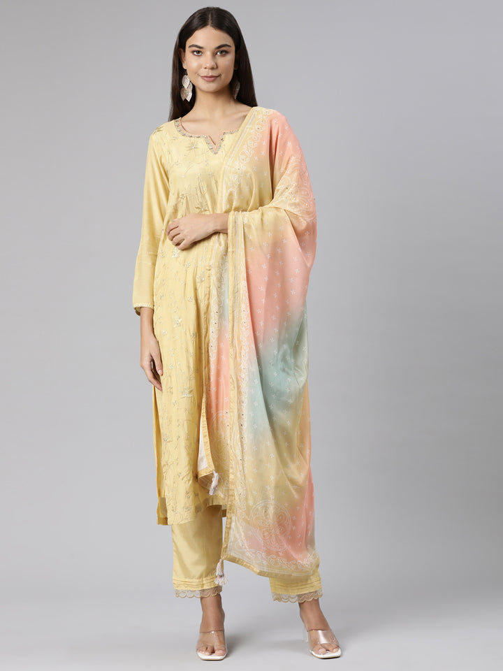 Neerus Yellow Regular Straight Floral Kurta And Trousers With Dupatta