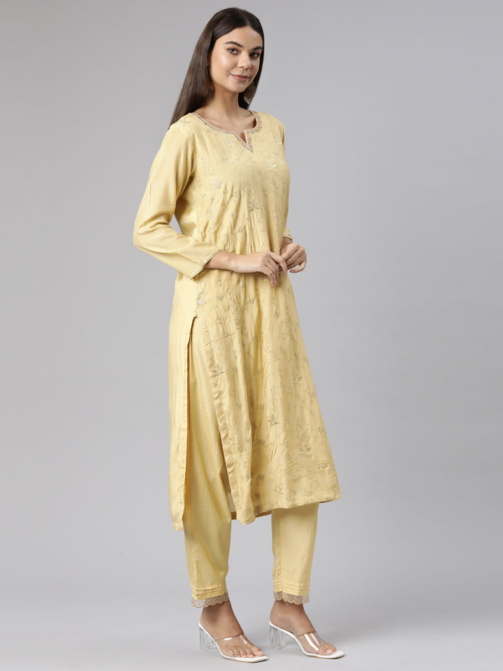 Neerus Yellow Regular Straight Floral Kurta And Trousers With Dupatta