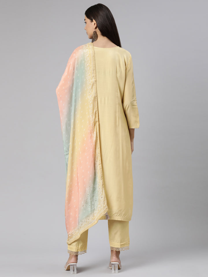 Neerus Yellow Regular Straight Floral Kurta And Trousers With Dupatta