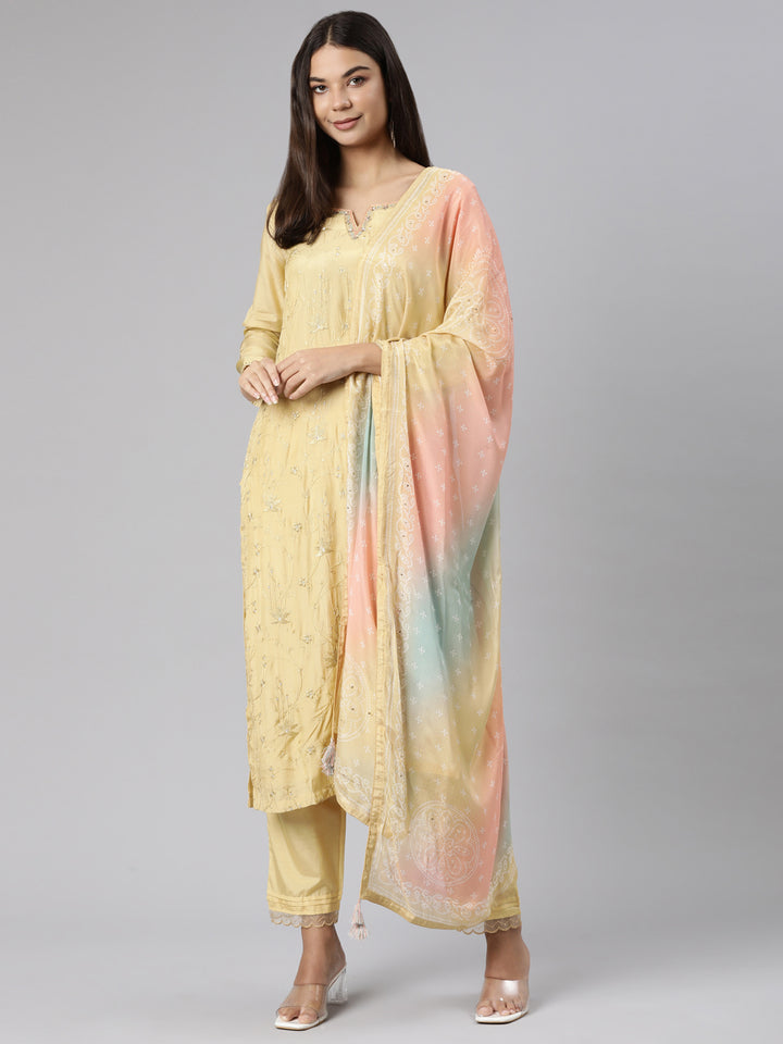 Neerus Yellow Regular Straight Floral Kurta And Trousers With Dupatta