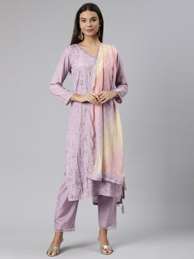 Neeru's Lavender Regular Straight Floral Kurta And Trousers With Dupatta