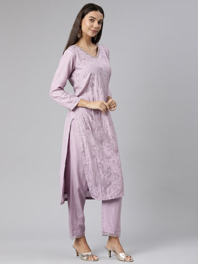 Neeru's Lavender Regular Straight Floral Kurta And Trousers With Dupatta
