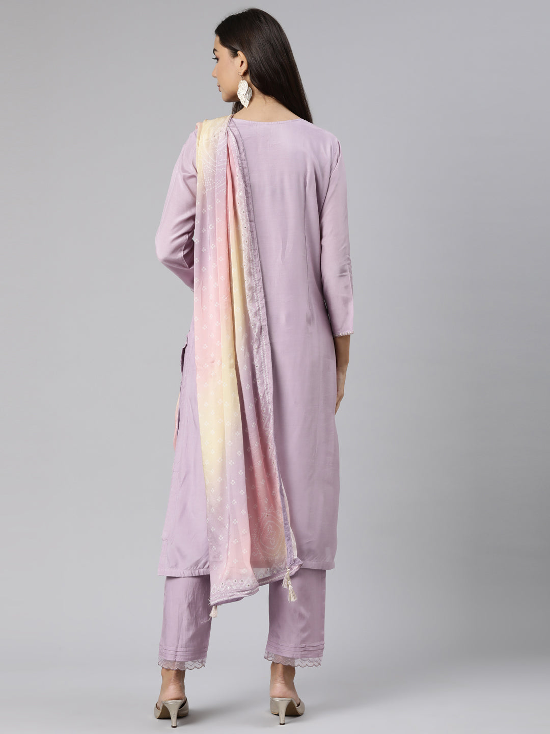 Neeru's Lavender Regular Straight Floral Kurta And Trousers With Dupatta