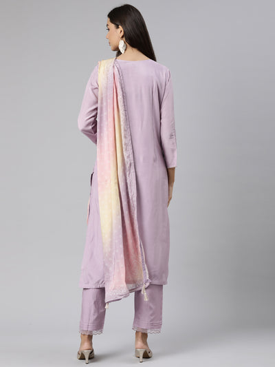 Neeru's Lavender Regular Straight Floral Kurta And Trousers With Dupatta