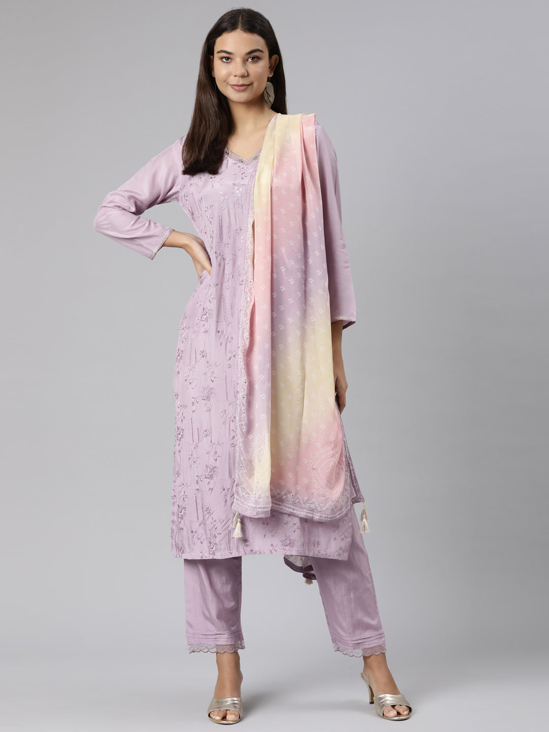 Neeru's Lavender Regular Straight Floral Kurta And Trousers With Dupatta
