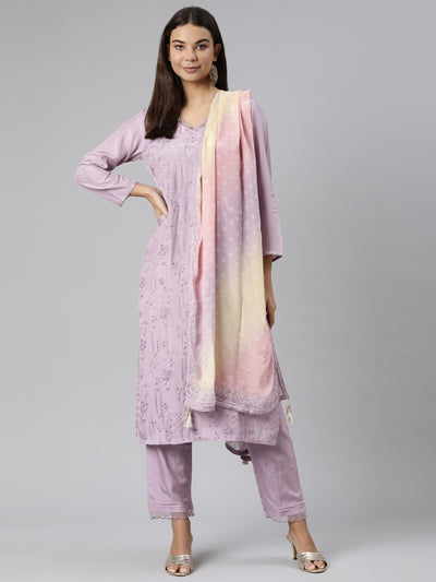 Neeru's Lavender Regular Straight Floral Kurta And Trousers With Dupatta