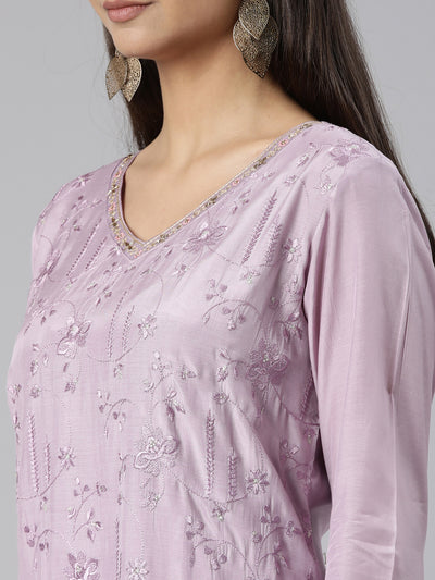 Neeru's Lavender Regular Straight Floral Kurta And Trousers With Dupatta