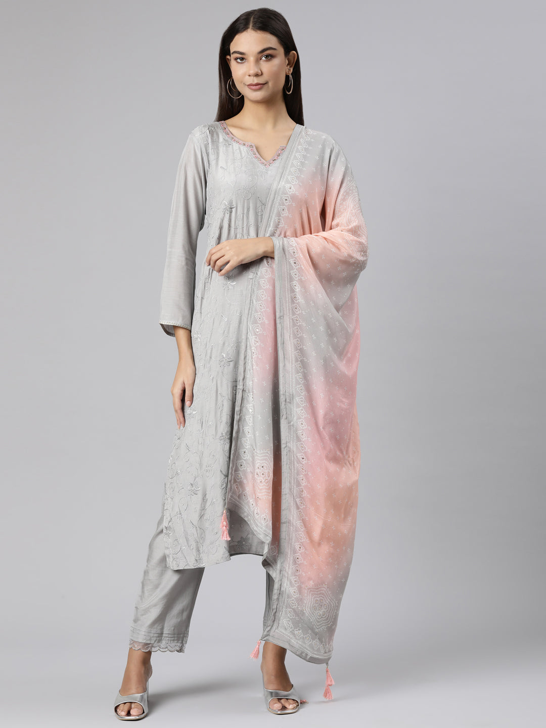 Neerus Grey shantoon printed suit set with dupatta - front view