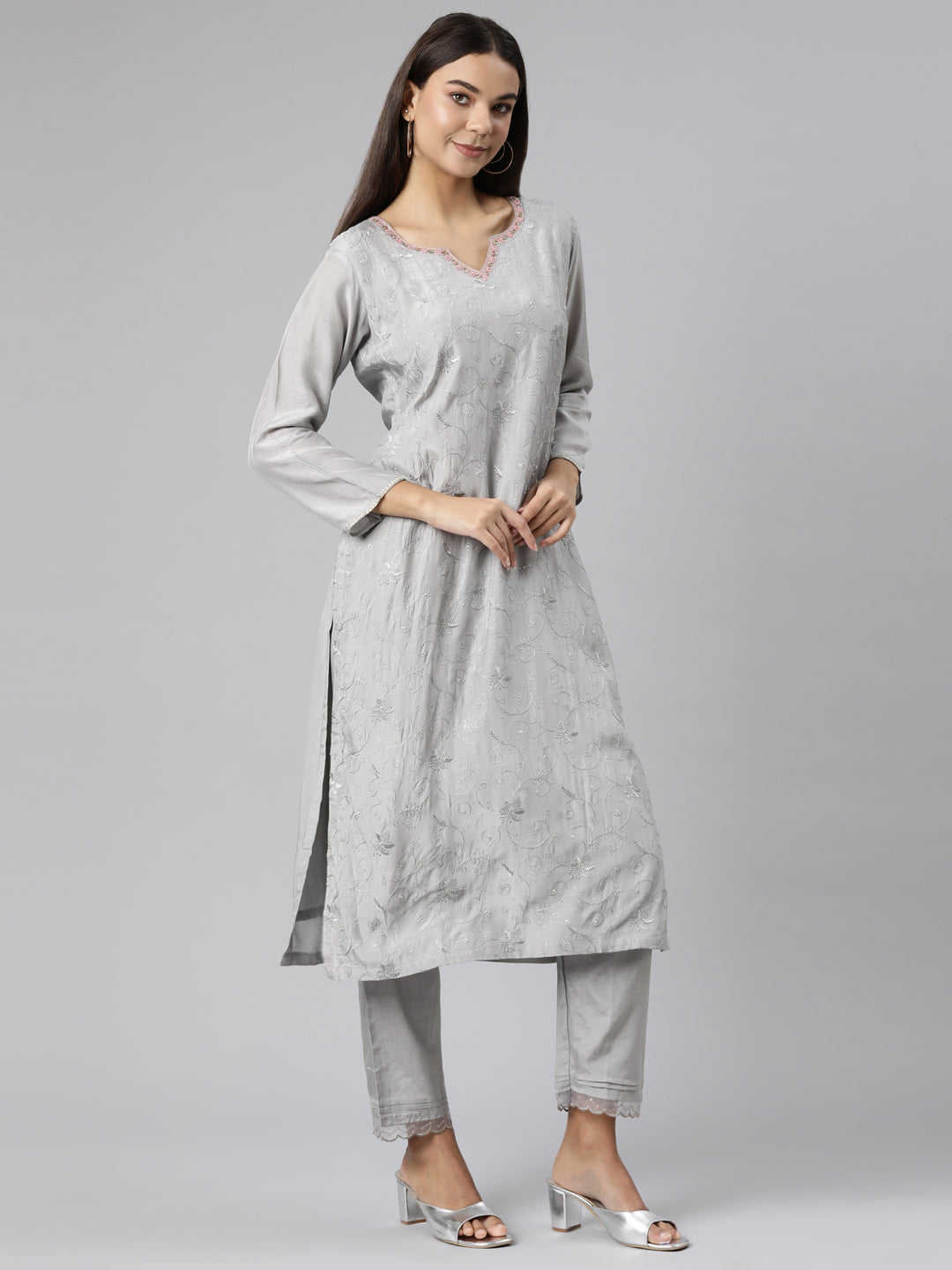 Neerus Grey shantoon printed suit set with dupatta - back view