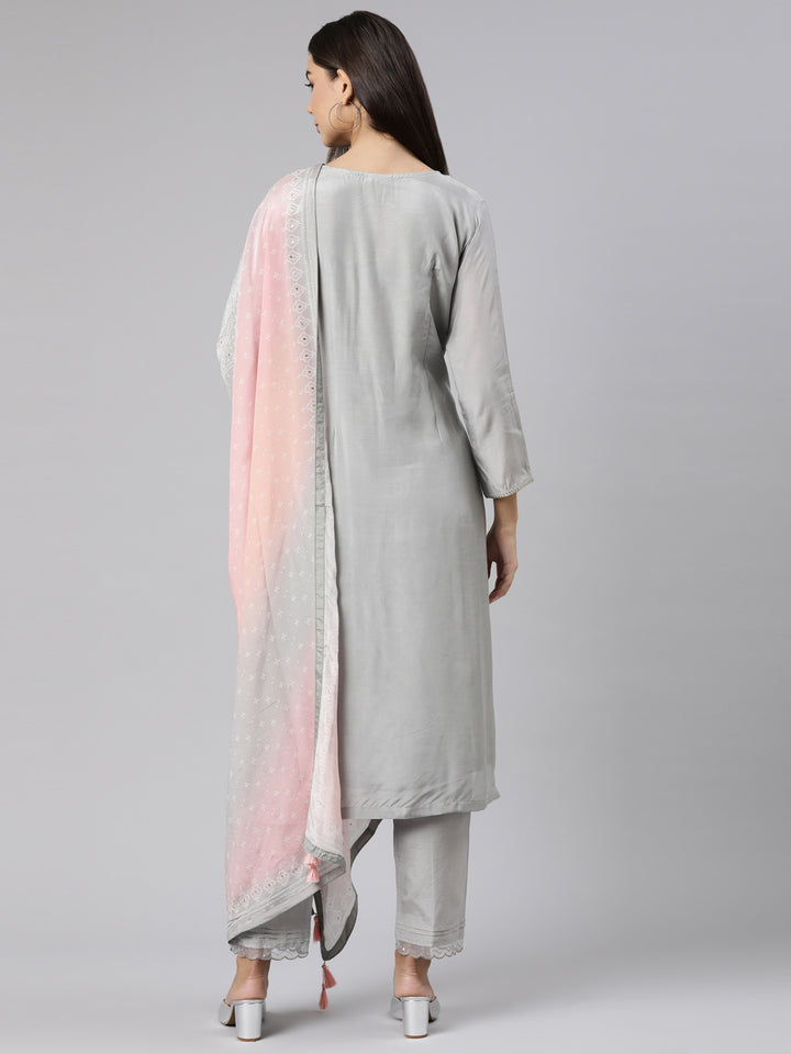 Neerus Grey shantoon printed suit set with dupatta - side view