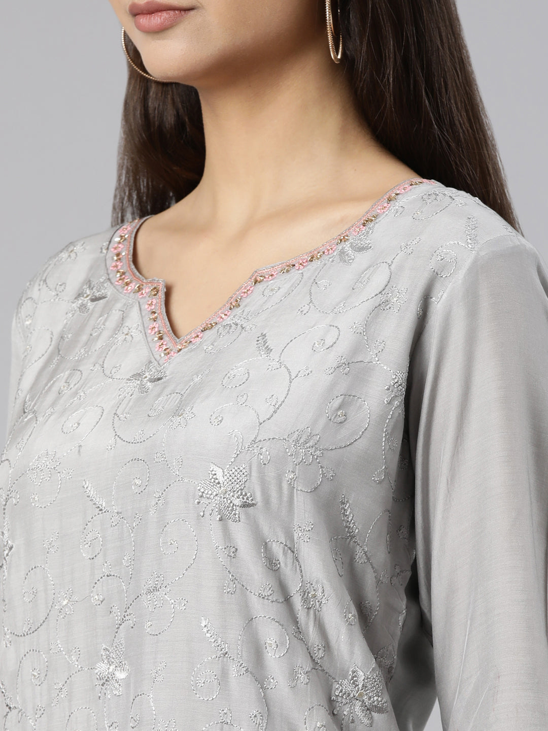 Neeru's Grey Regular Straight Floral Kurta And Trousers With Dupatta