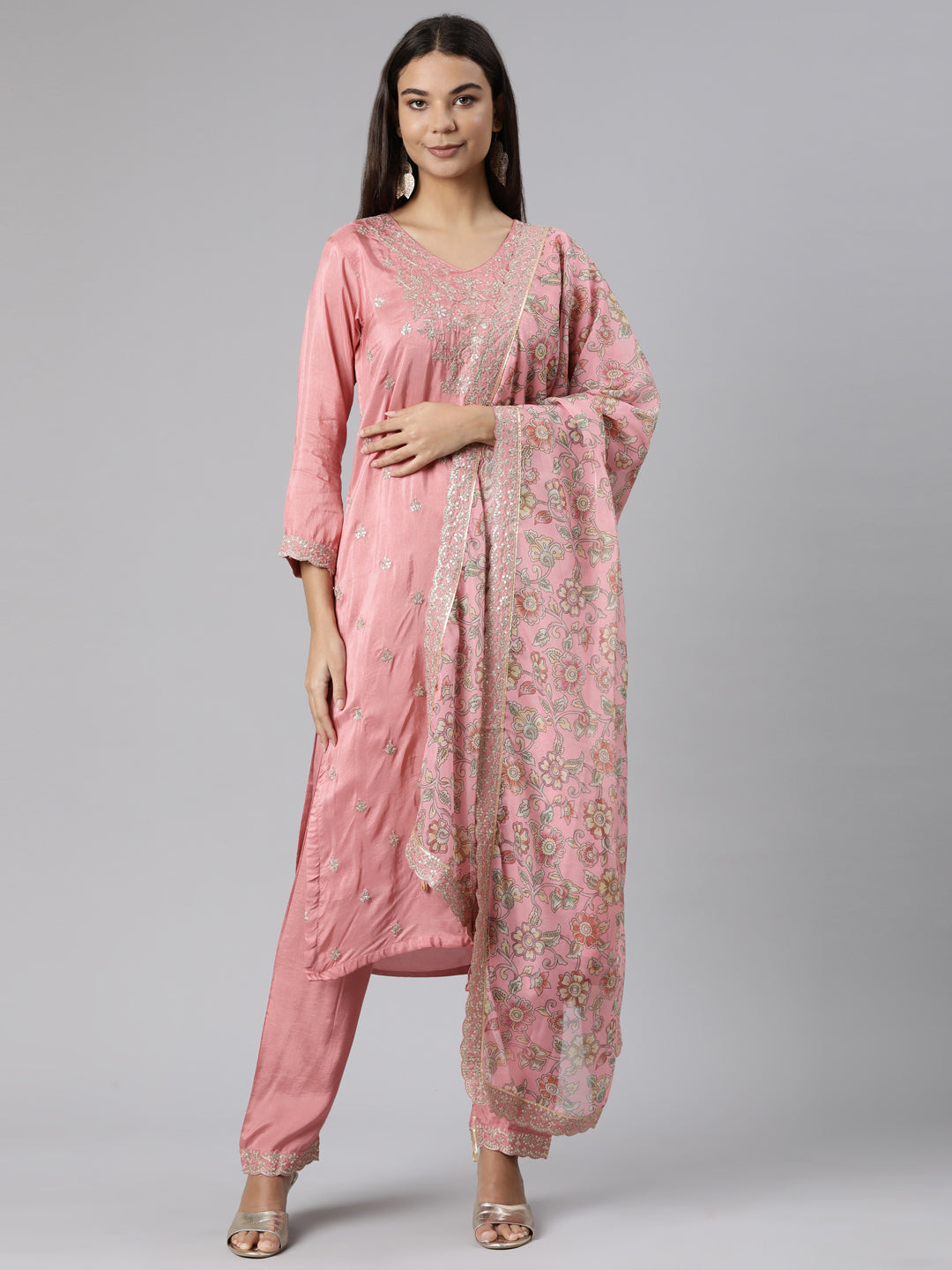 Neerus Pink Regular Straight Floral Kurta And Trousers With Dupatta