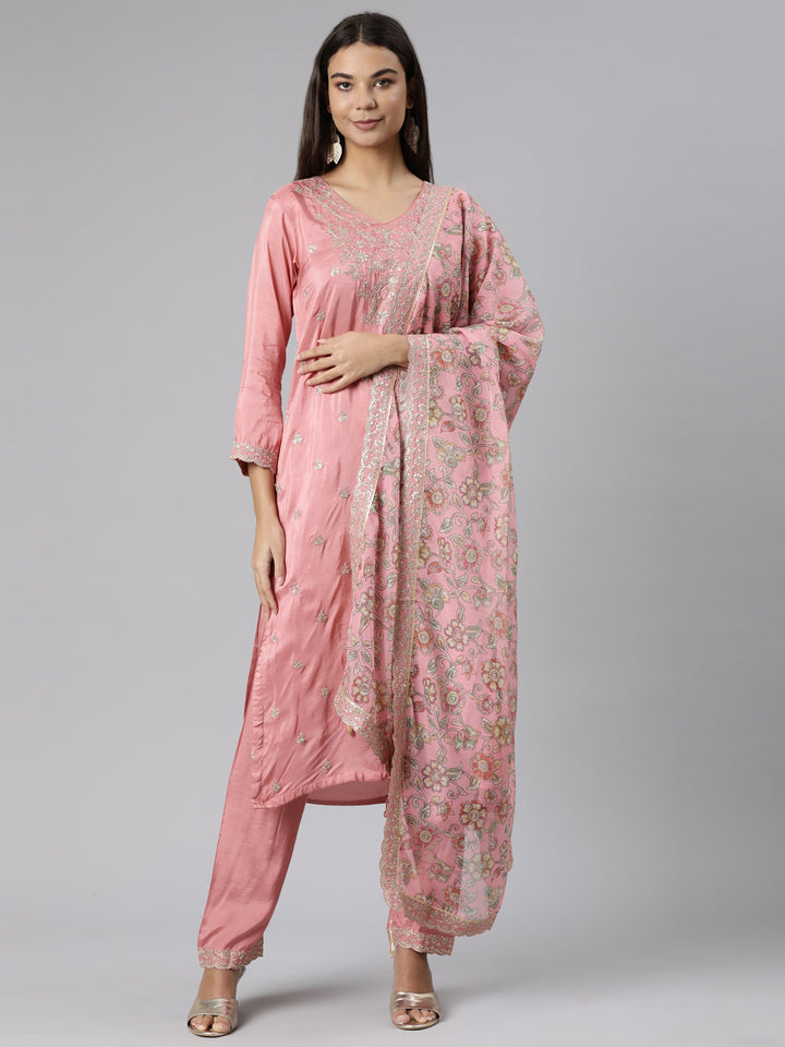 Neerus Pink Regular Straight Floral Kurta And Trousers With Dupatta
