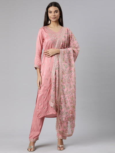 Neeru's Pink Regular Straight Floral Kurta And Trousers With Dupatta