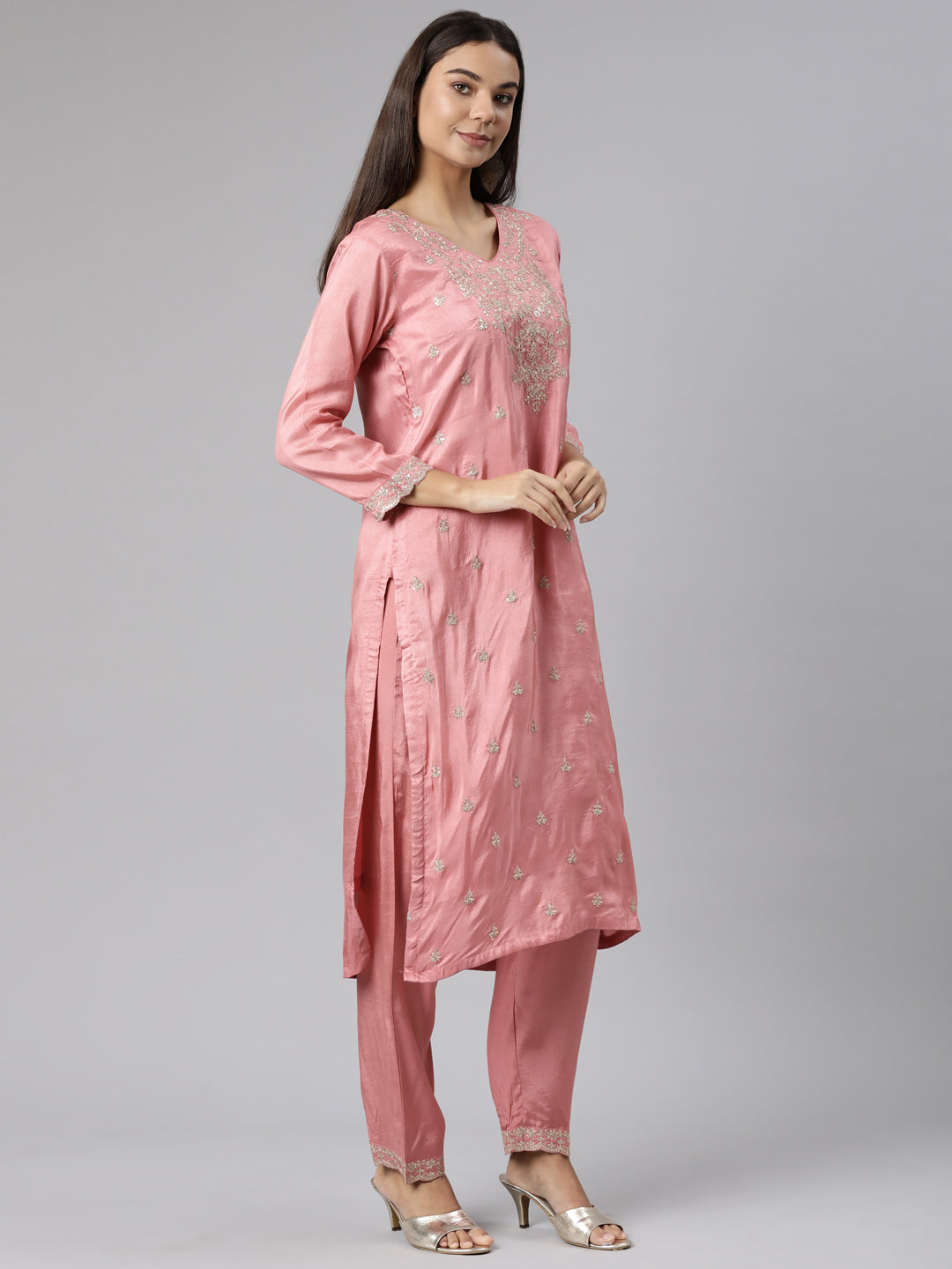 Neerus Pink Regular Straight Floral Kurta And Trousers With Dupatta
