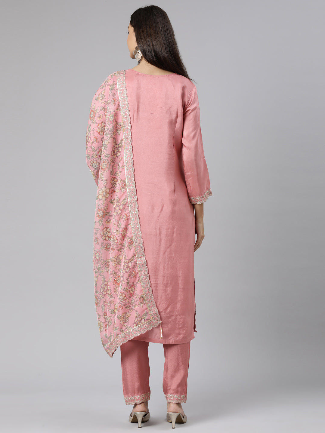 Neeru's Pink Regular Straight Floral Kurta And Trousers With Dupatta