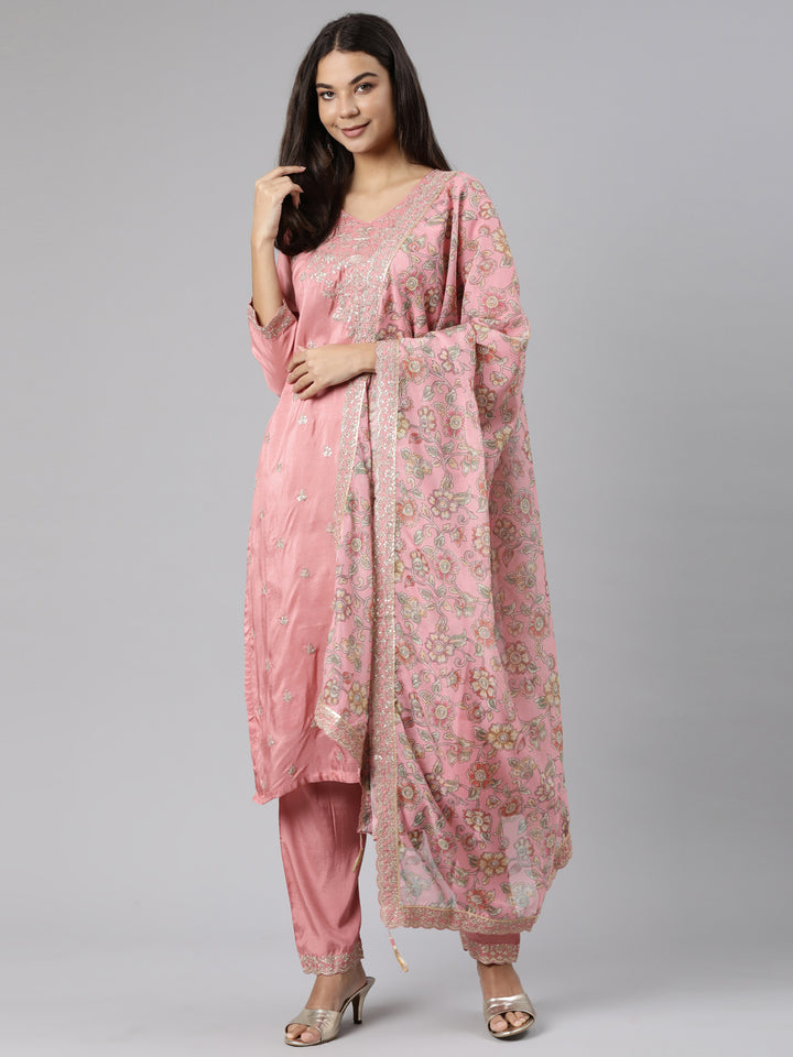 Neerus Pink Regular Straight Floral Kurta And Trousers With Dupatta