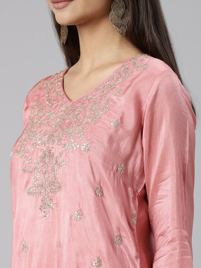 Neeru's Pink Regular Straight Floral Kurta And Trousers With Dupatta