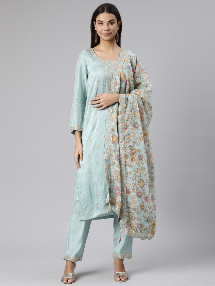 Neerus Sea Green Regular Straight Floral Kurta And Trousers With Dupatta