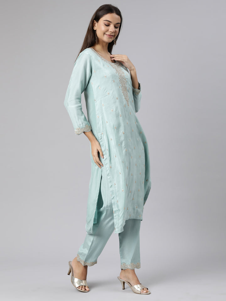 Neerus Sea Green Regular Straight Floral Kurta And Trousers With Dupatta