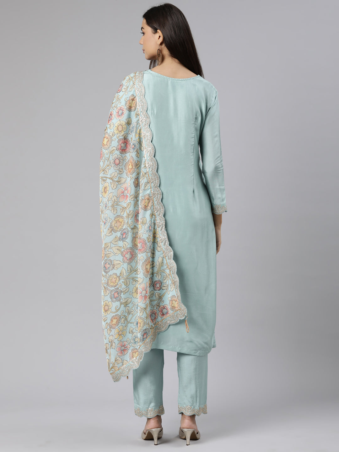 Neerus Sea Green Regular Straight Floral Kurta And Trousers With Dupatta