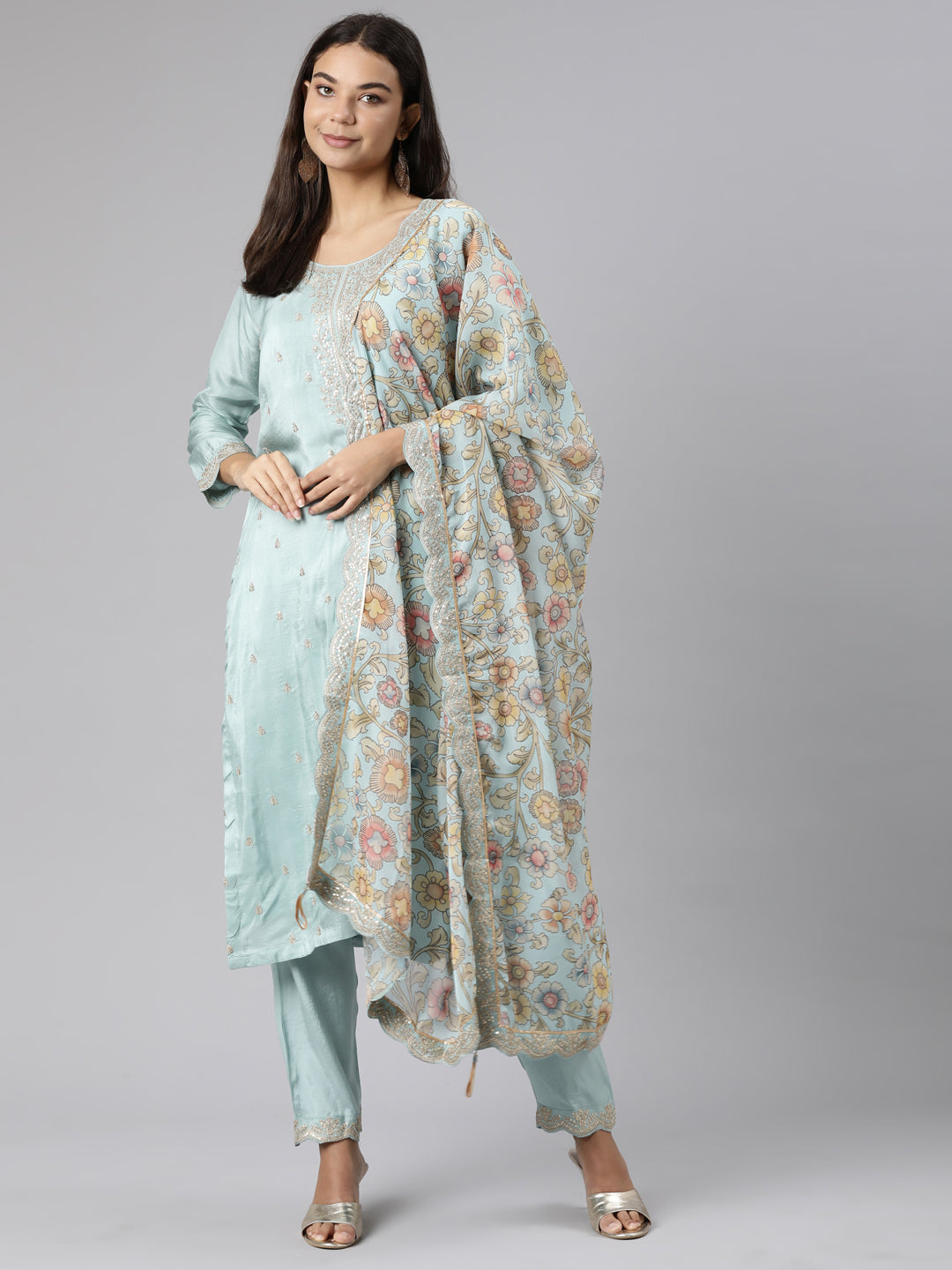 Neerus Sea Green Regular Straight Floral Kurta And Trousers With Dupatta