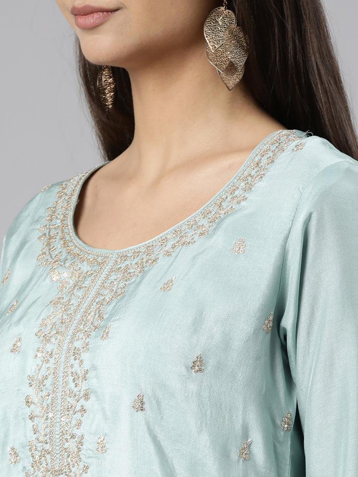 Neerus Sea Green Regular Straight Floral Kurta And Trousers With Dupatta