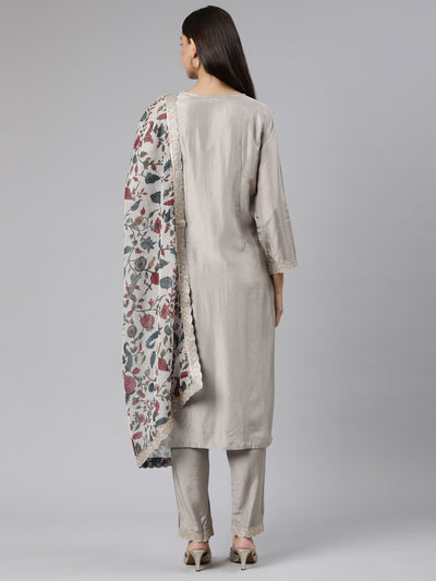 Neeru's Grey Regular Straight Floral Kurta And Trousers With Dupatta