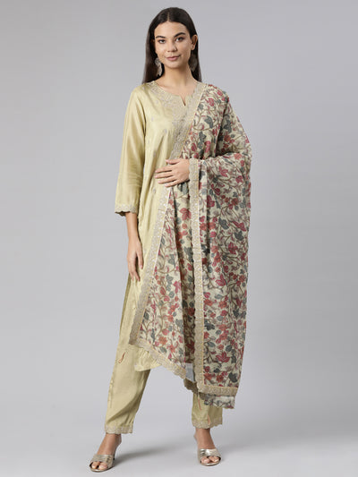 Neeru's Green Regular Straight Floral Kurta And Trousers With Dupatta