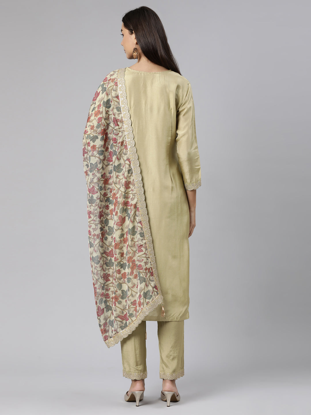 Neerus Green printed floral straight suit set - detail view 1