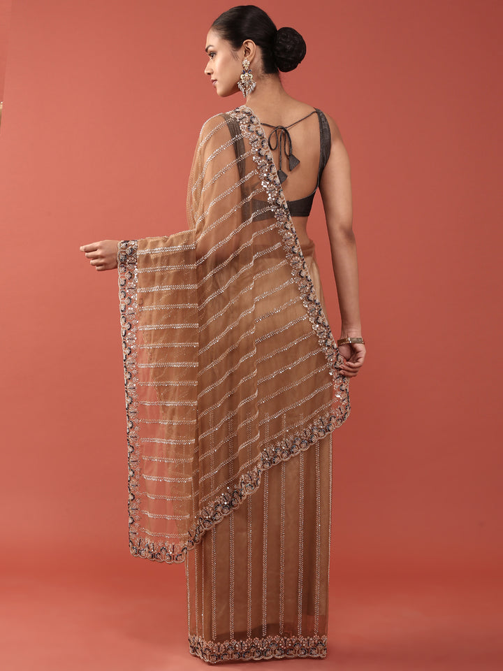 Gold Net Embroidery Saree