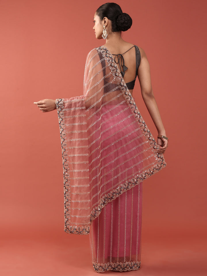 Onion Pink Net Embroidery Saree